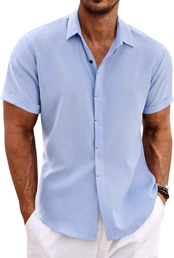 Men's Linen Shirts Short  Casual Shirts Button Down Shirt for Men Beach Summer Wedding Shirt