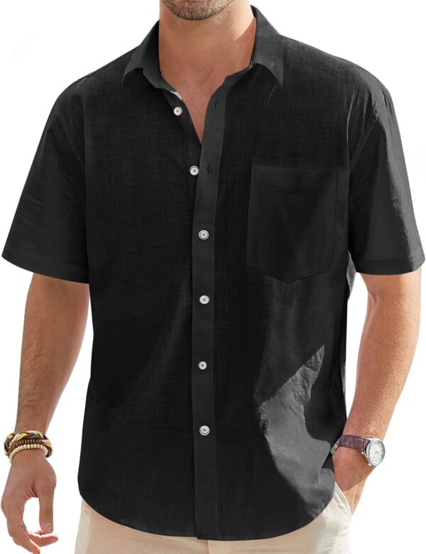 Men's Cotton Linen Short  Shirts Casual Lightweight Button Down Shirts Vacation Beach Summer Tops with Pocket