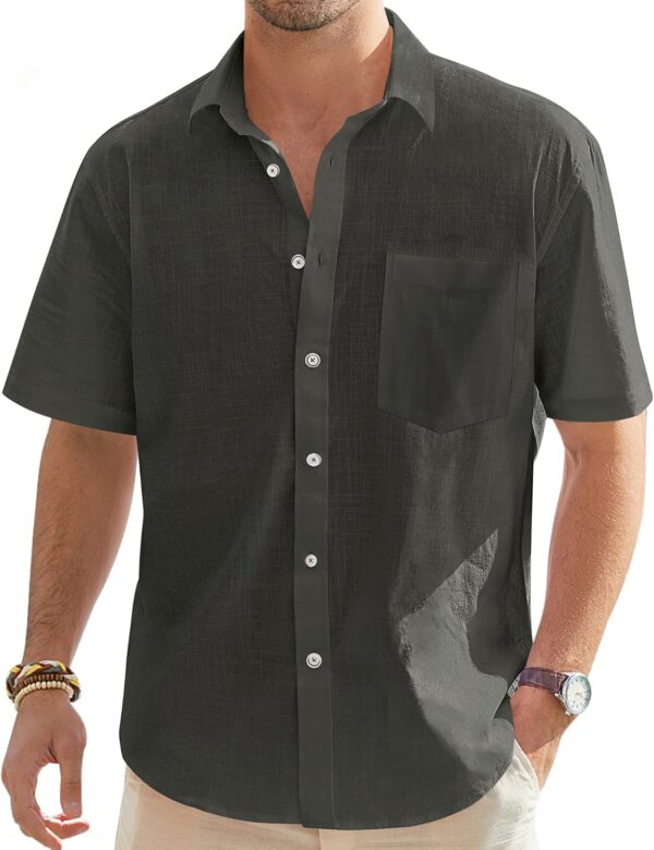 Men's Cotton Linen Short  Shirts Casual Lightweight Button Down Shirts Vacation Beach Summer Tops with Pocket