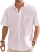 Men's Cotton Linen Short  Shirts Casual Lightweight Button Down Shirts Vacation Beach Summer Tops with Pocket