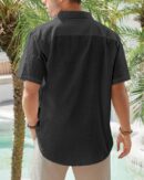 Men's Cotton Linen Short  Shirts Casual Lightweight Button Down Shirts Vacation Beach Summer Tops with Pocket