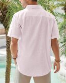 Men's Cotton Linen Short  Shirts Casual Lightweight Button Down Shirts Vacation Beach Summer Tops with Pocket